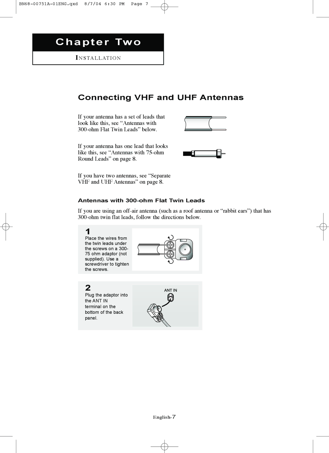 Samsung LN-P267W, LN-P327W manual Connecting VHF and UHF Antennas, Antennas with 300-ohm Flat Twin Leads 