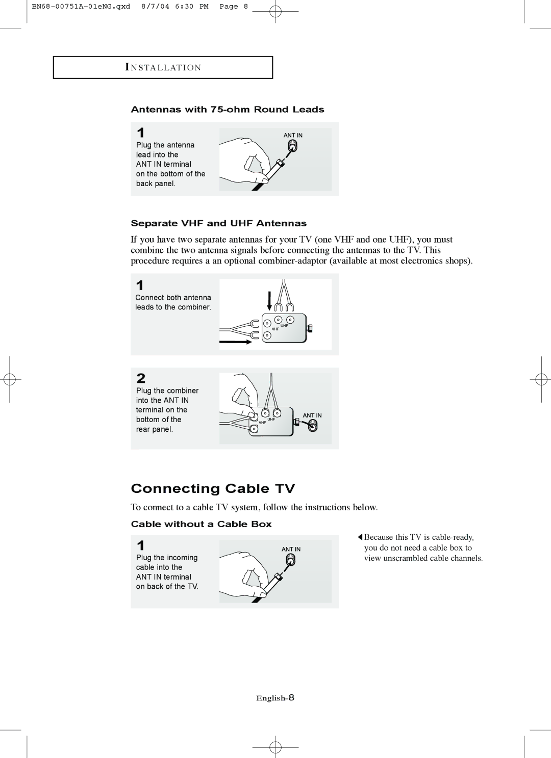 Samsung LN-P327W, LN-P267W manual Connecting Cable TV, Antennas with 75-ohm Round Leads, Separate VHF and UHF Antennas 