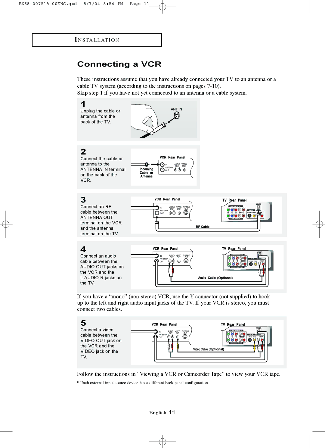 Samsung LN-P267W, LN-P327W manual Connecting a VCR 