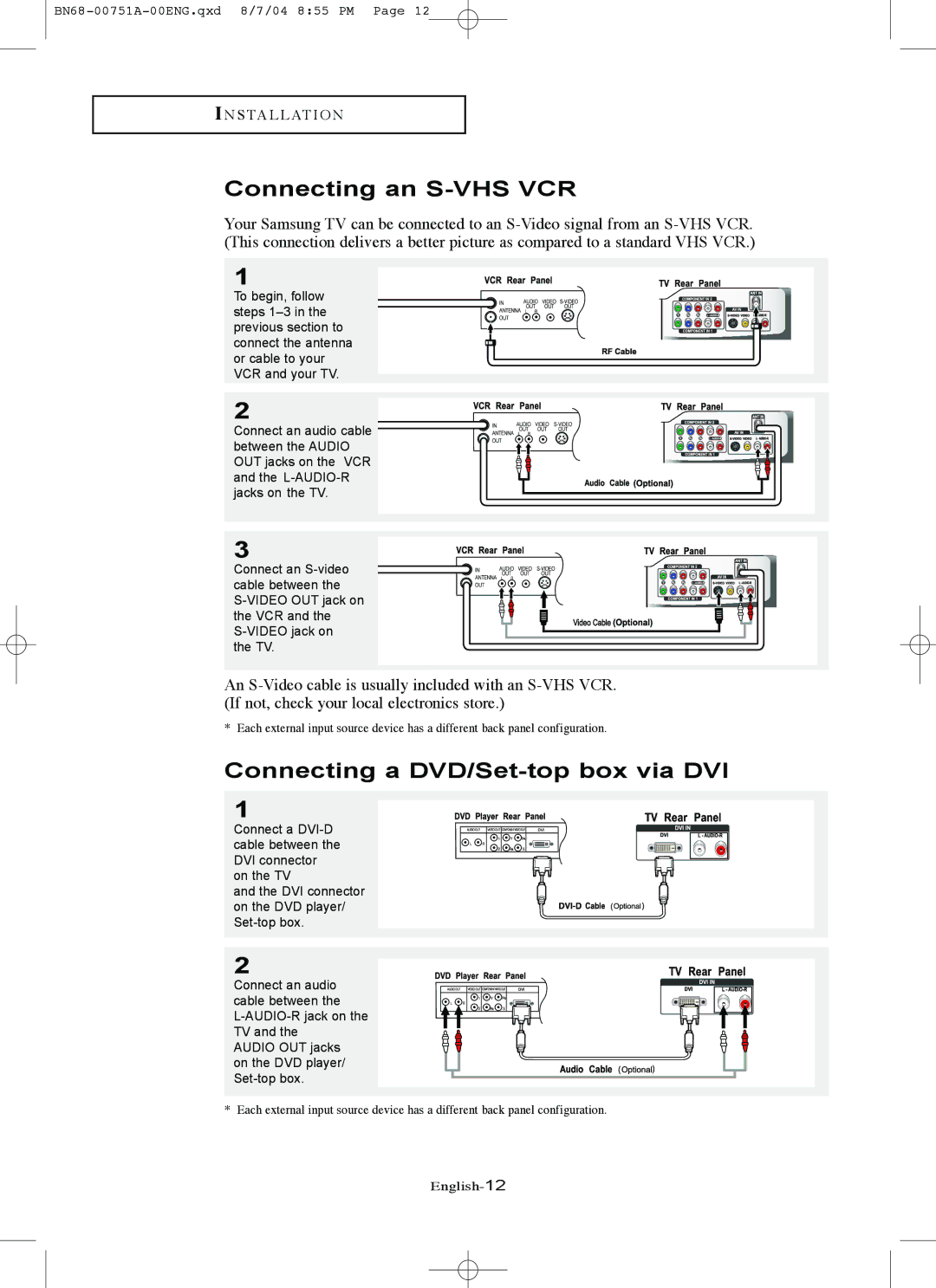 Samsung LN-P327W, LN-P267W manual Connecting an S-VHS VCR, Connecting a DVD/Set-top box via DVI 