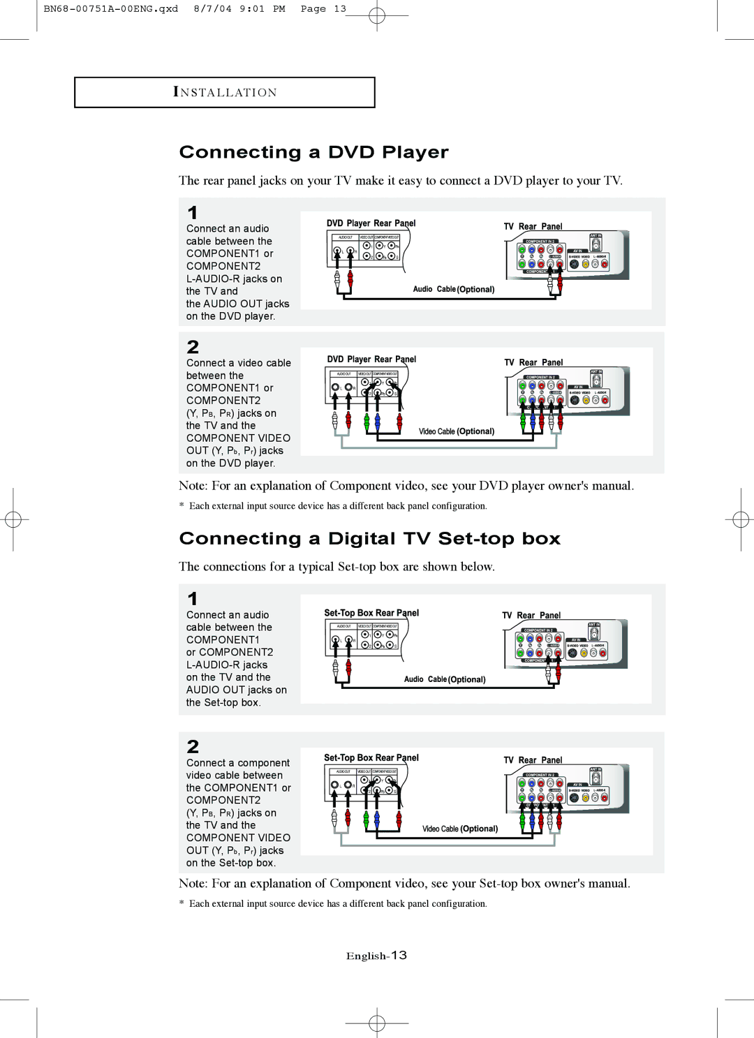 Samsung LN-P267W, LN-P327W manual Connecting a DVD Player, Connecting a Digital TV Set-top box 