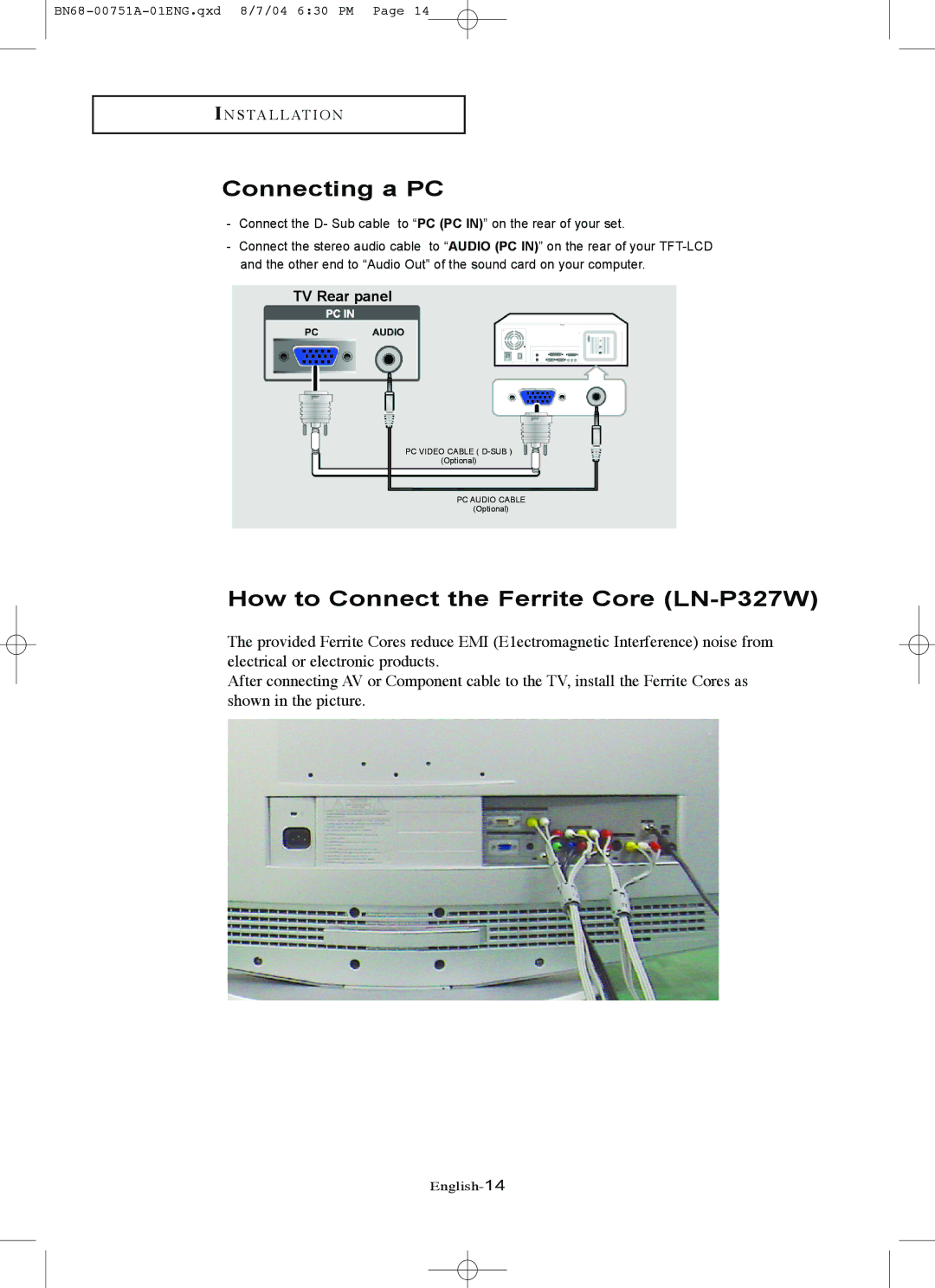 Samsung LN-P267W manual Connecting a PC, How to Connect the Ferrite Core LN-P327W, TV Rear panel 