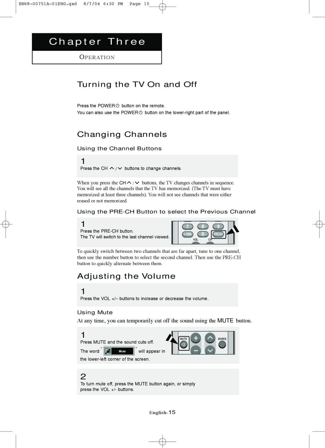 Samsung LN-P267W, LN-P327W manual Turning the TV On and Off, Changing Channels, Adjusting the Volume 