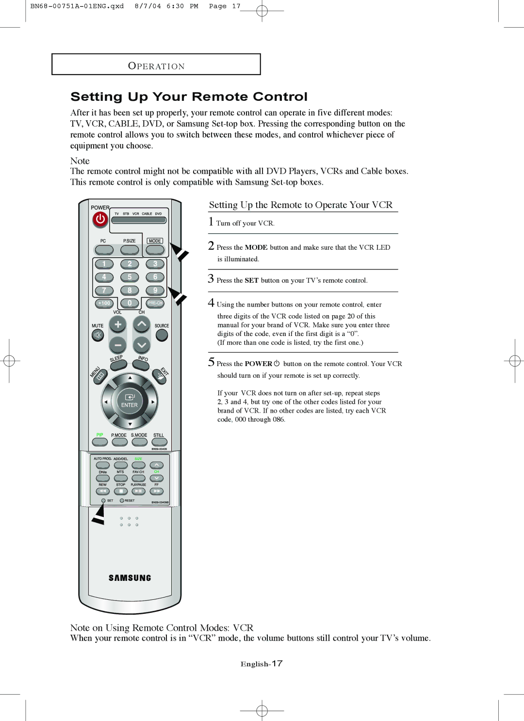 Samsung LN-P267W, LN-P327W manual Setting Up Your Remote Control, Setting Up the Remote to Operate Your VCR 