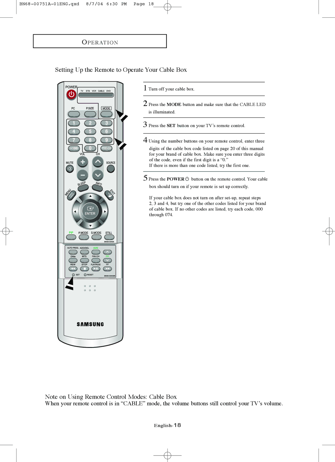 Samsung LN-P327W, LN-P267W manual Setting Up the Remote to Operate Your Cable Box 