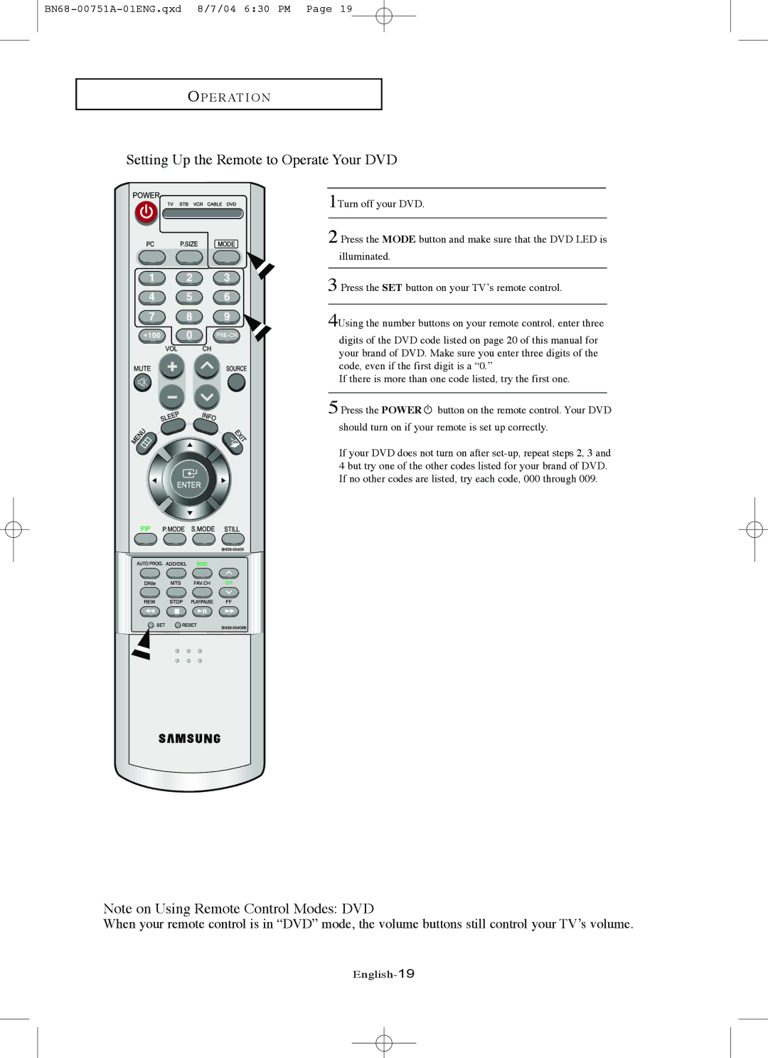 Samsung LN-P267W, LN-P327W manual Setting Up the Remote to Operate Your DVD 
