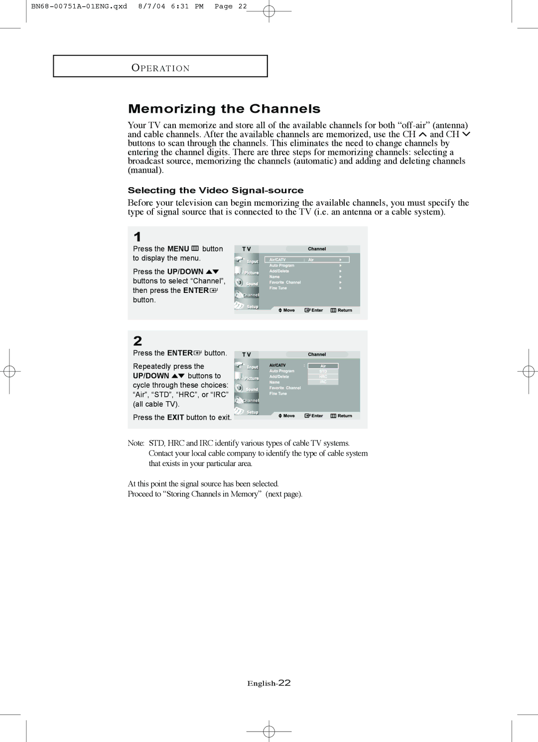 Samsung LN-P327W, LN-P267W manual Memorizing the Channels, Selecting the Video Signal-source 