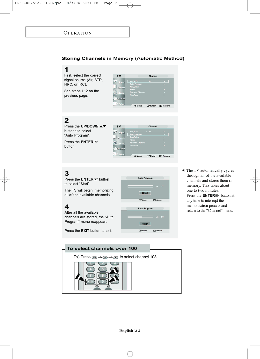 Samsung LN-P267W, LN-P327W manual Storing Channels in Memory Automatic Method, To select channels over 