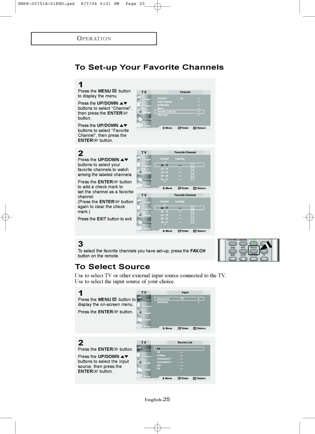 Samsung LN-P267W, LN-P327W manual To Set-up Your Favorite Channels, To Select Source 