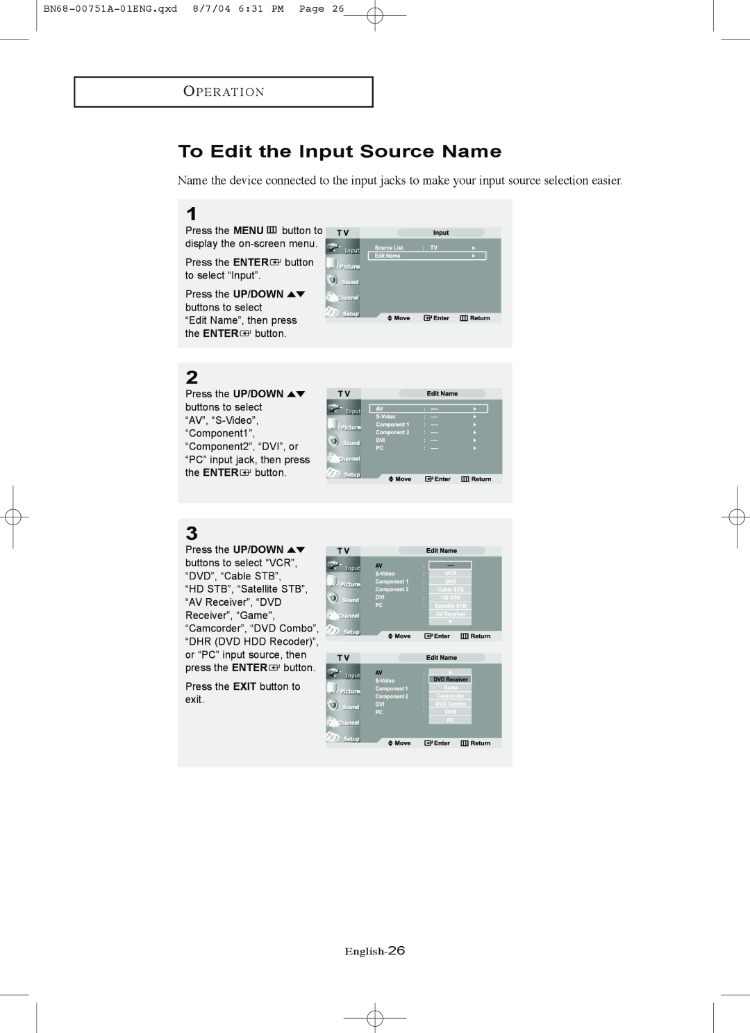 Samsung LN-P327W, LN-P267W manual To Edit the Input Source Name 