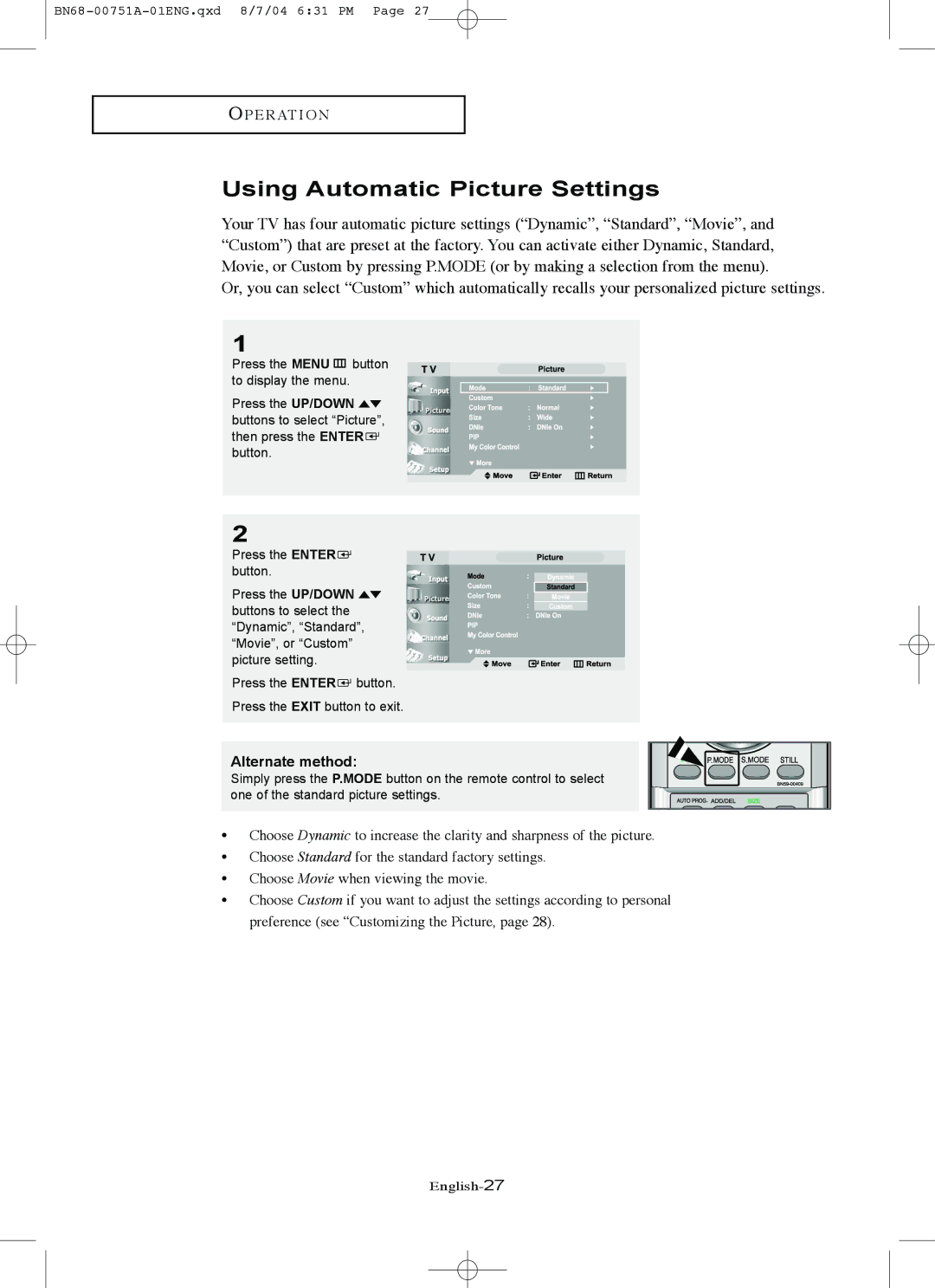 Samsung LN-P267W, LN-P327W manual Using Automatic Picture Settings, Alternate method 