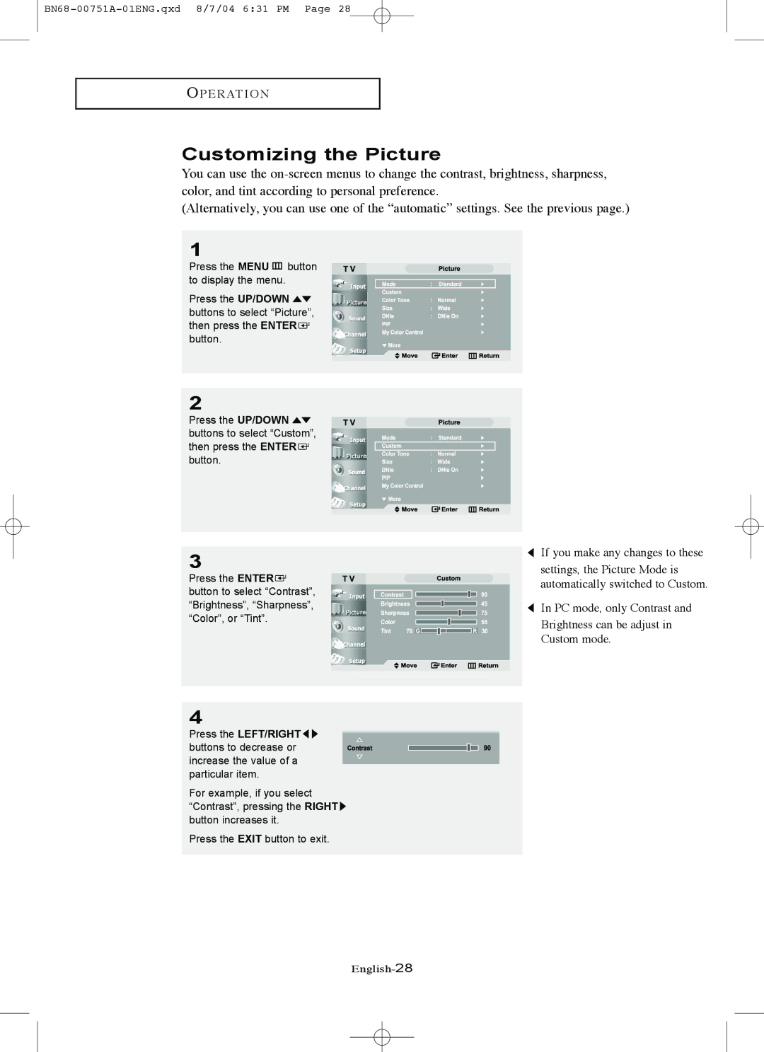 Samsung LN-P327W, LN-P267W manual Customizing the Picture 