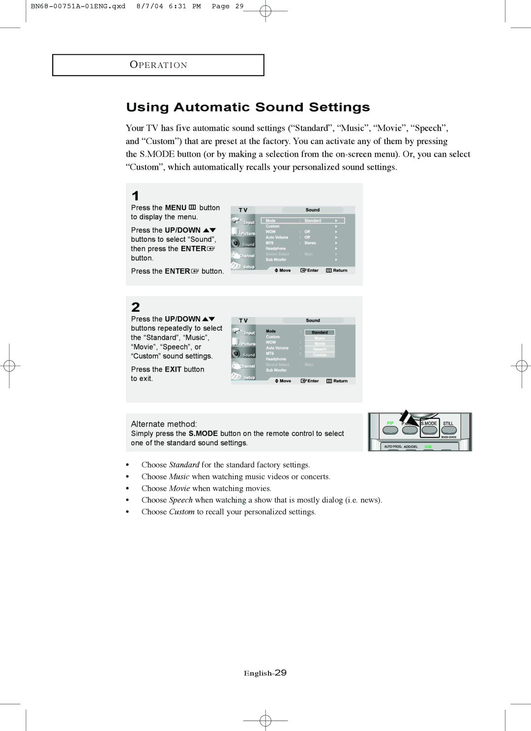 Samsung LN-P267W, LN-P327W manual Using Automatic Sound Settings, Alternate method 