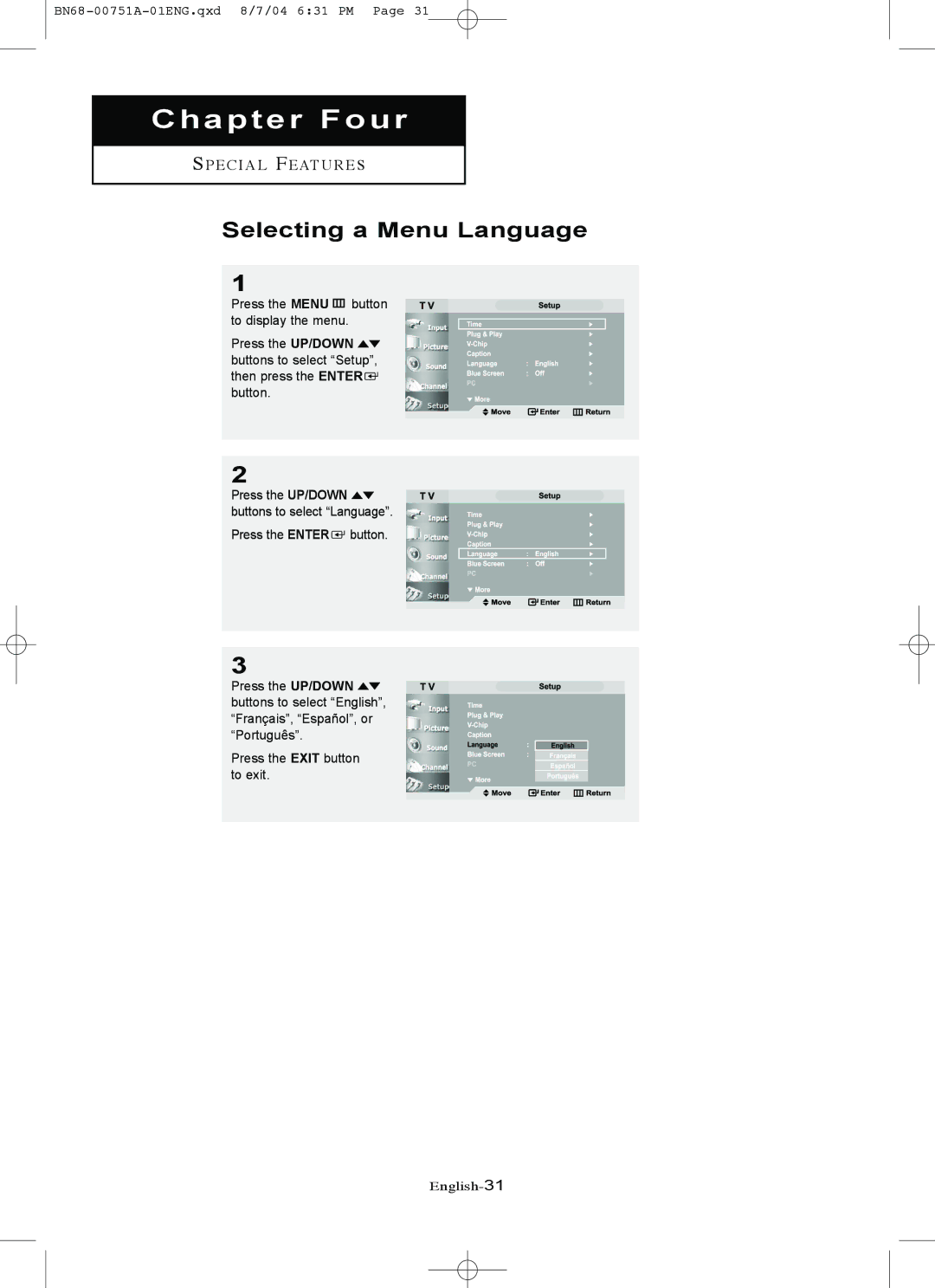 Samsung LN-P267W, LN-P327W manual Chapter Four, Selecting a Menu Language 