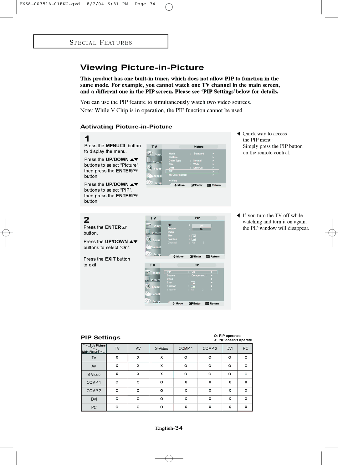 Samsung LN-P327W, LN-P267W manual Viewing Picture-in-Picture, Activating Picture-in-Picture, PIP Settings 