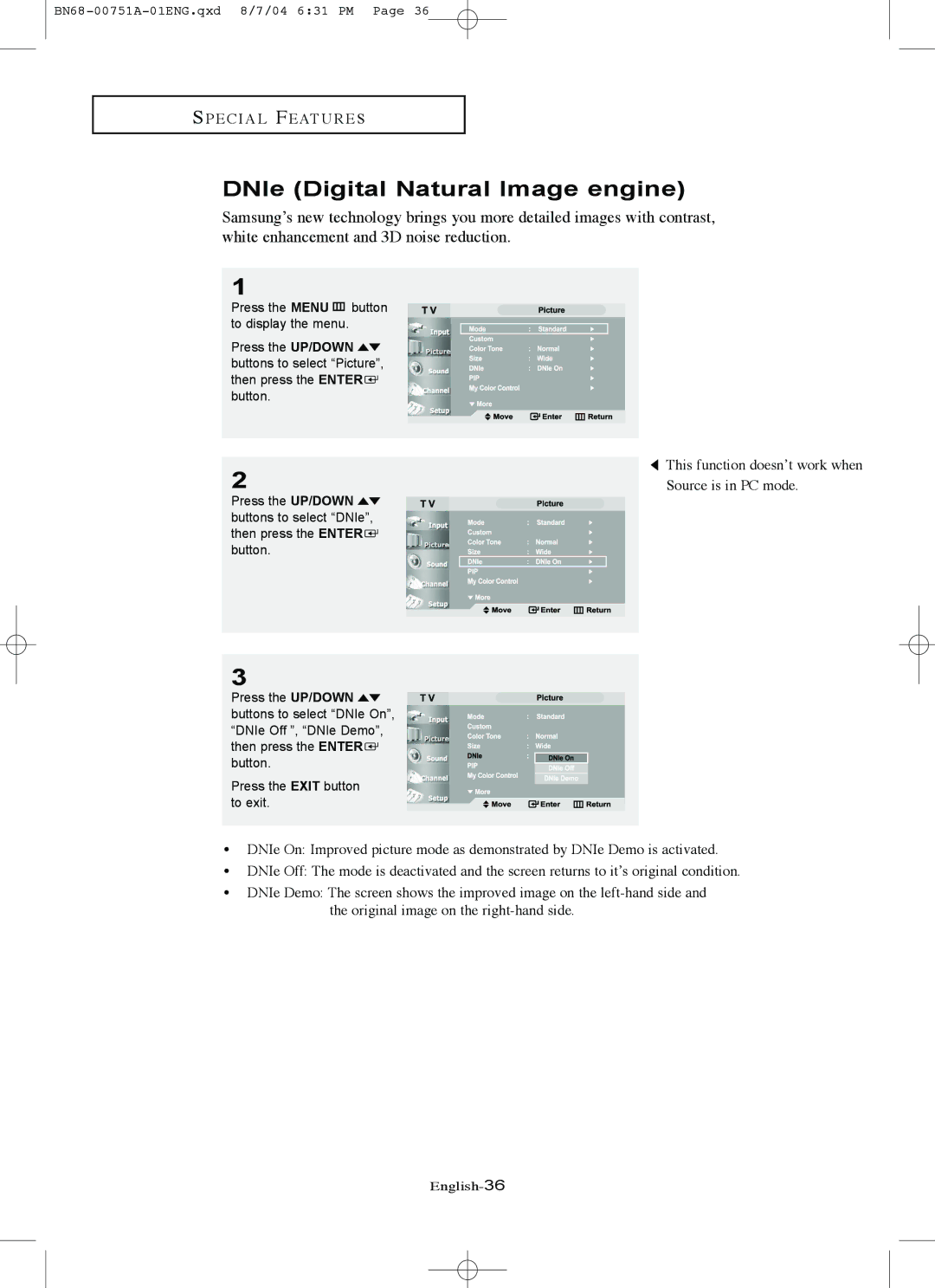 Samsung LN-P327W, LN-P267W manual DNIe Digital Natural Image engine 