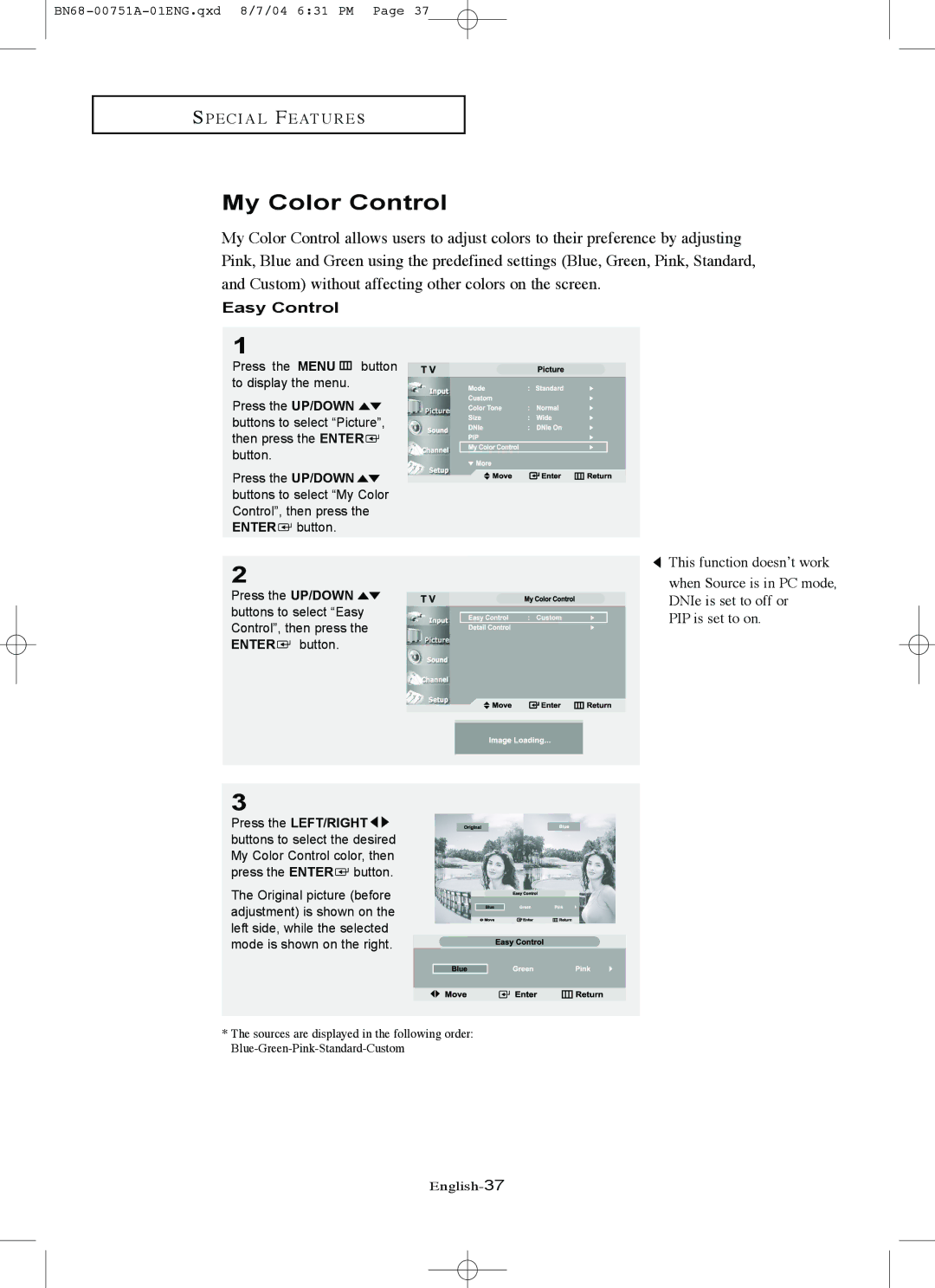 Samsung LN-P267W, LN-P327W manual My Color Control, Easy Control 