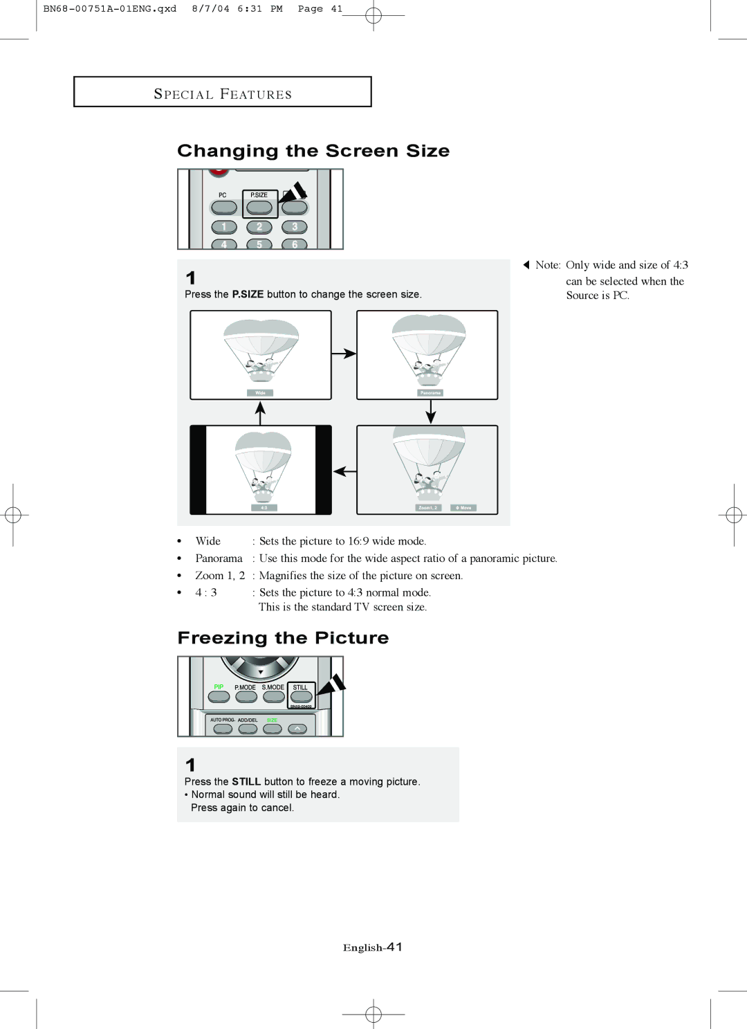 Samsung LN-P267W, LN-P327W manual Changing the Screen Size, Freezing the Picture 