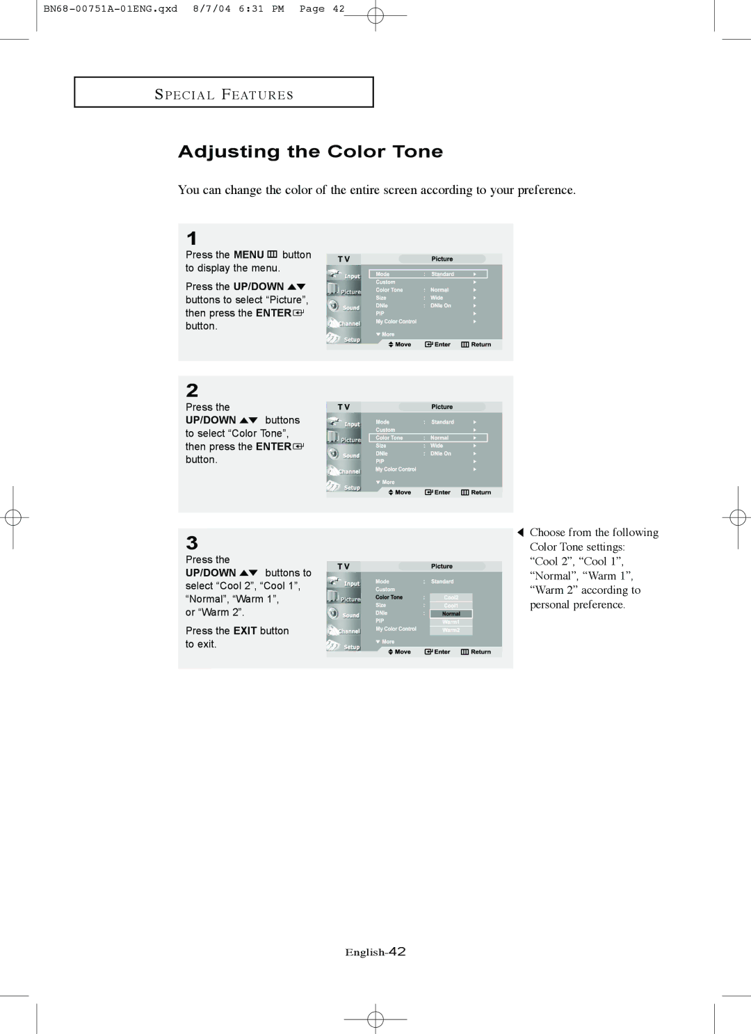 Samsung LN-P327W, LN-P267W manual Adjusting the Color Tone 