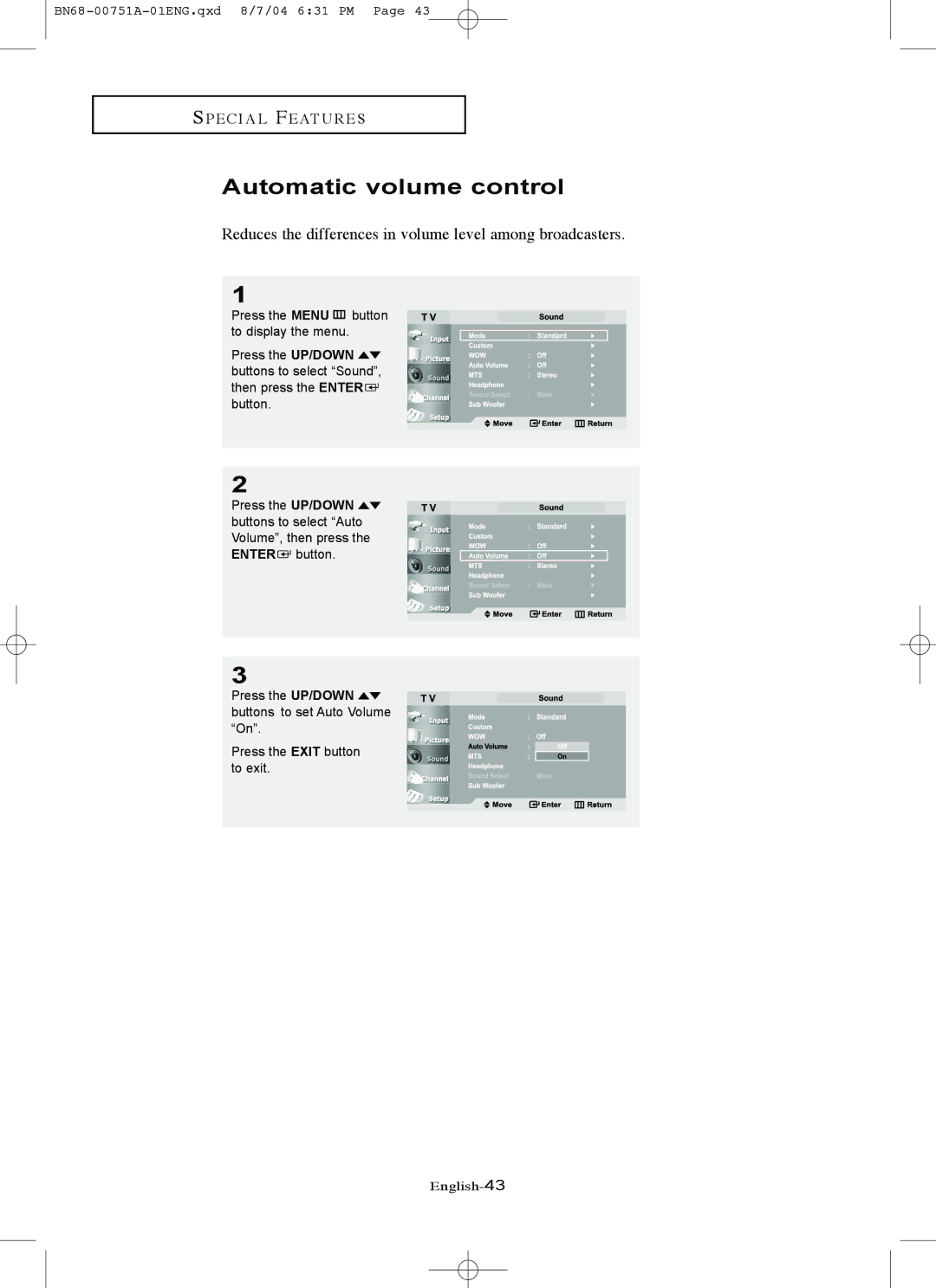 Samsung LN-P267W, LN-P327W manual Automatic volume control, Reduces the differences in volume level among broadcasters 