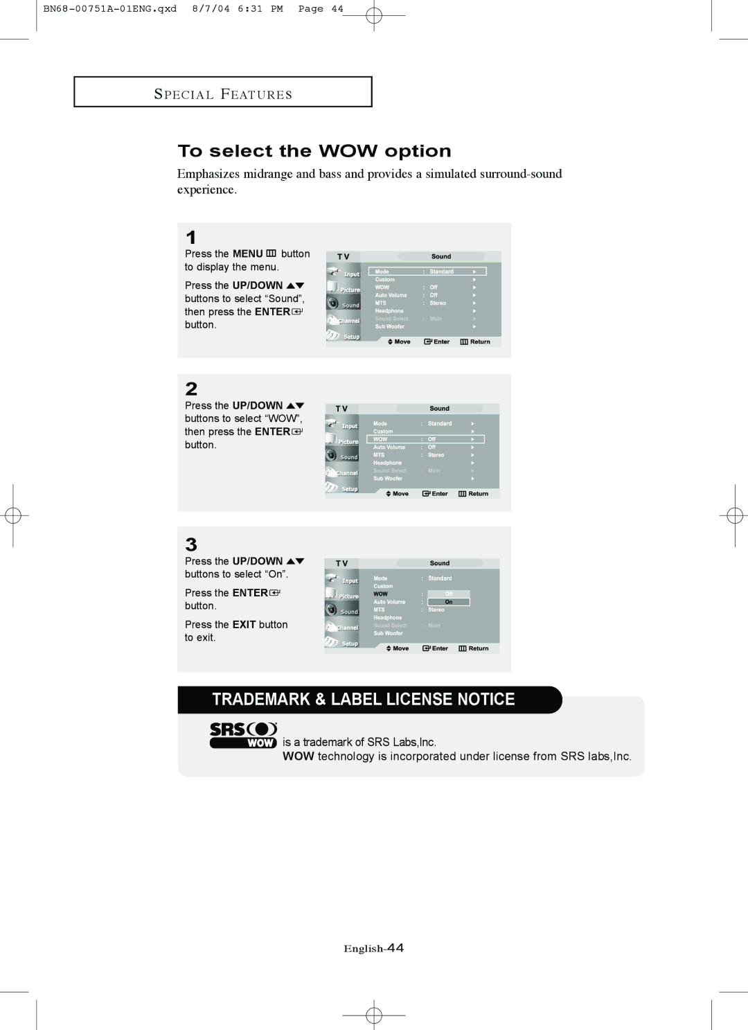 Samsung LN-P327W, LN-P267W manual To select the WOW option, Trademark & Label License Notice 