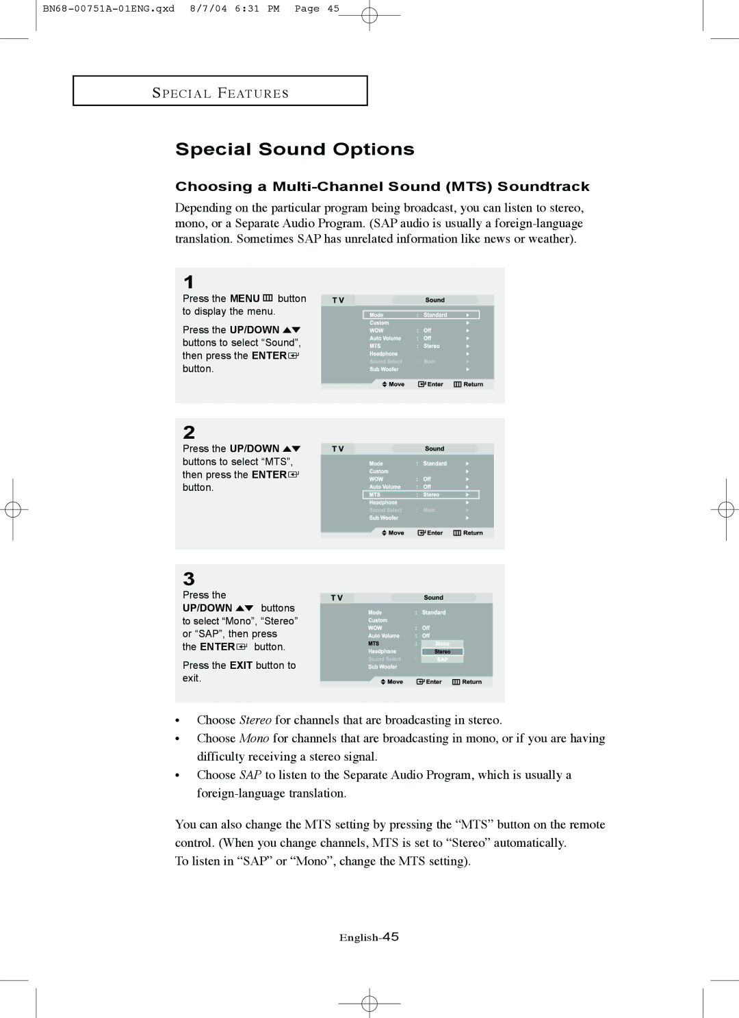 Samsung LN-P267W, LN-P327W manual Special Sound Options, Choosing a Multi-Channel Sound MTS Soundtrack 