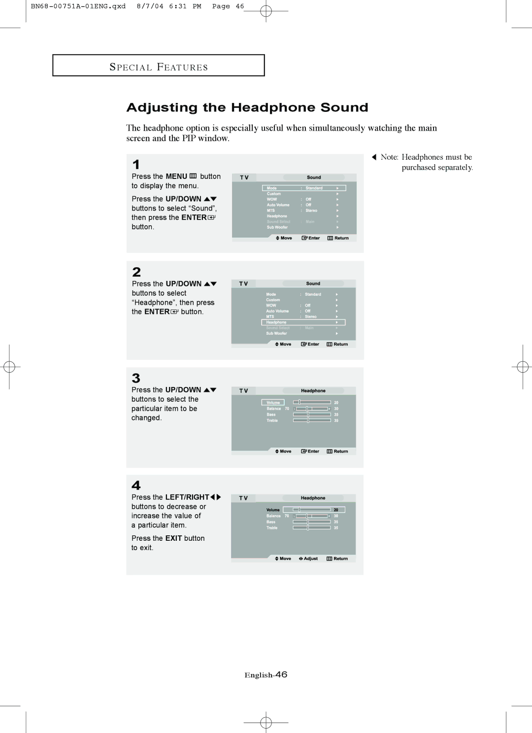 Samsung LN-P327W, LN-P267W manual Adjusting the Headphone Sound 