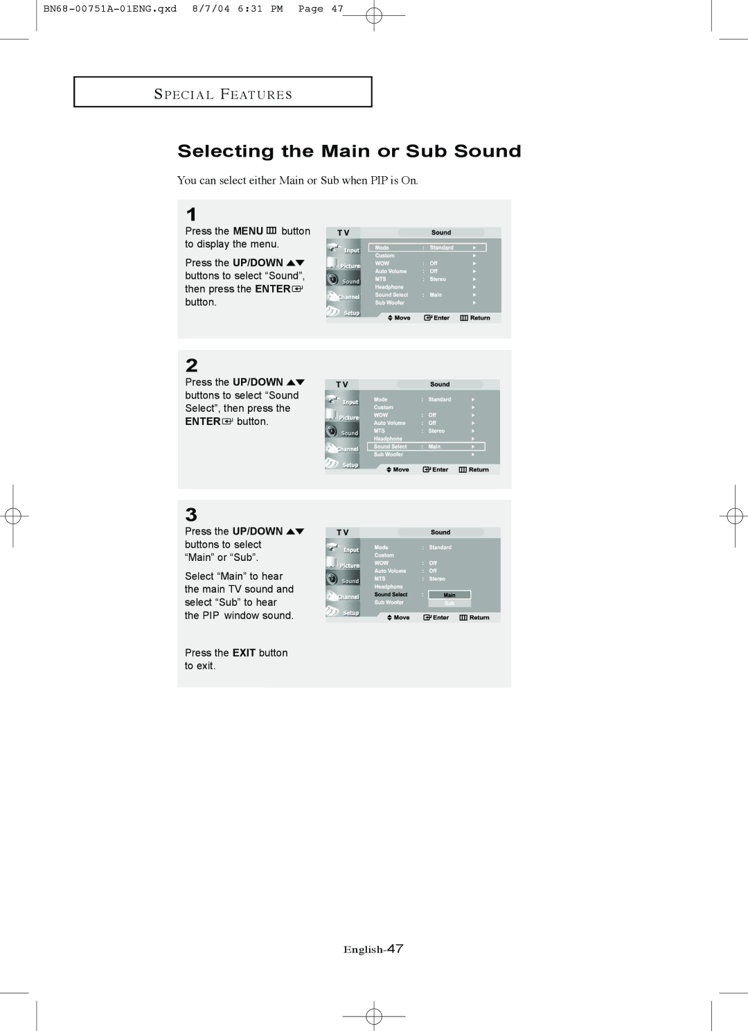 Samsung LN-P267W, LN-P327W manual Selecting the Main or Sub Sound, You can select either Main or Sub when PIP is On 