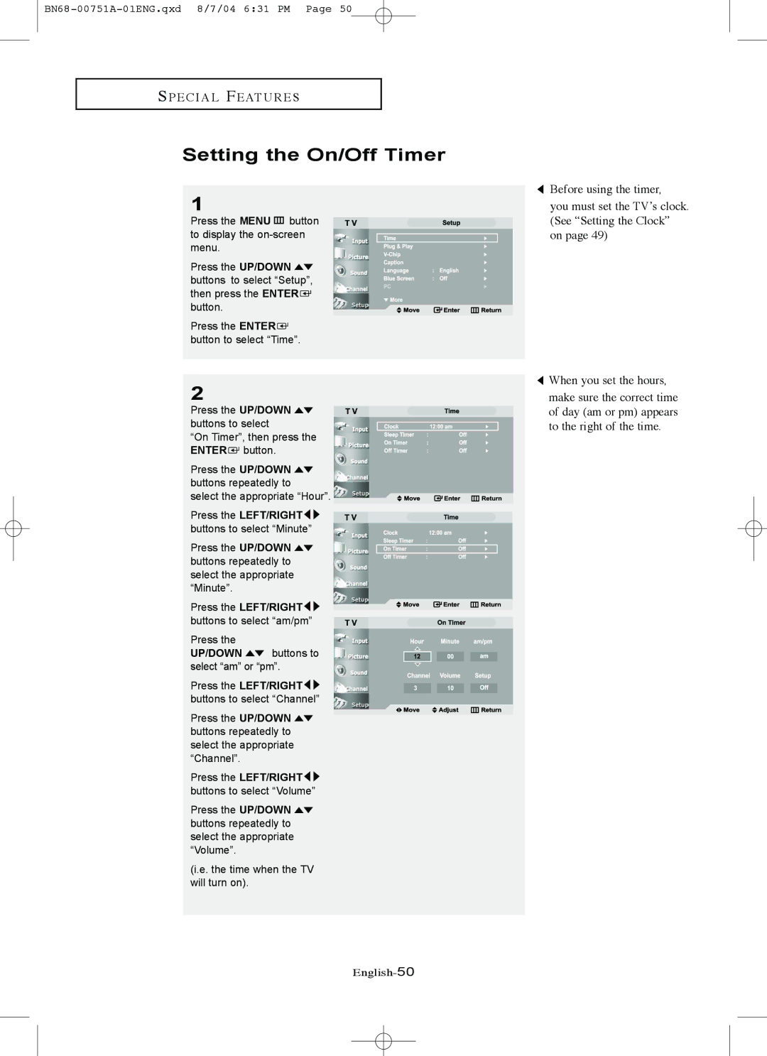 Samsung LN-P327W, LN-P267W manual Setting the On/Off Timer 