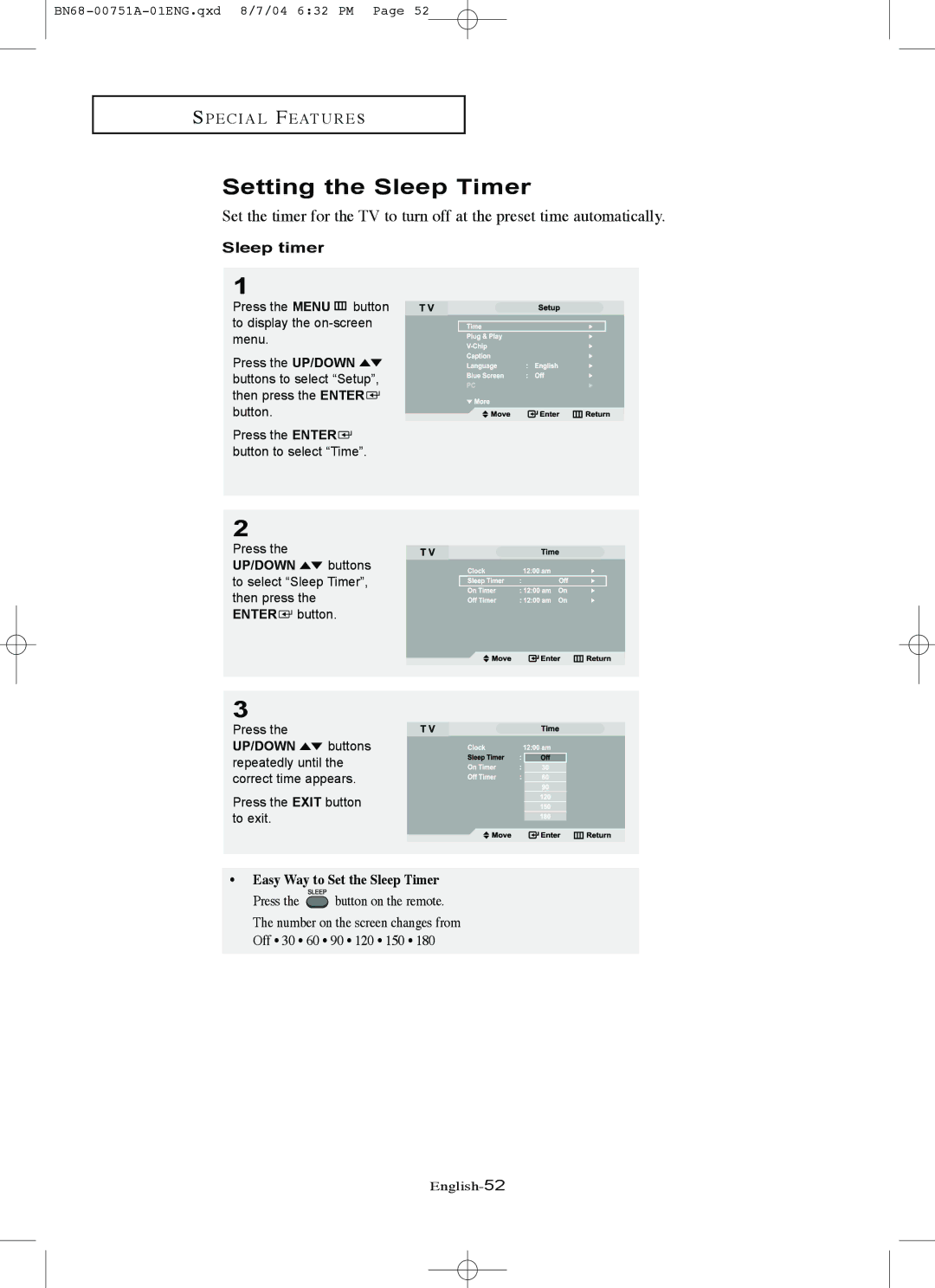 Samsung LN-P327W, LN-P267W manual Setting the Sleep Timer, Sleep timer 