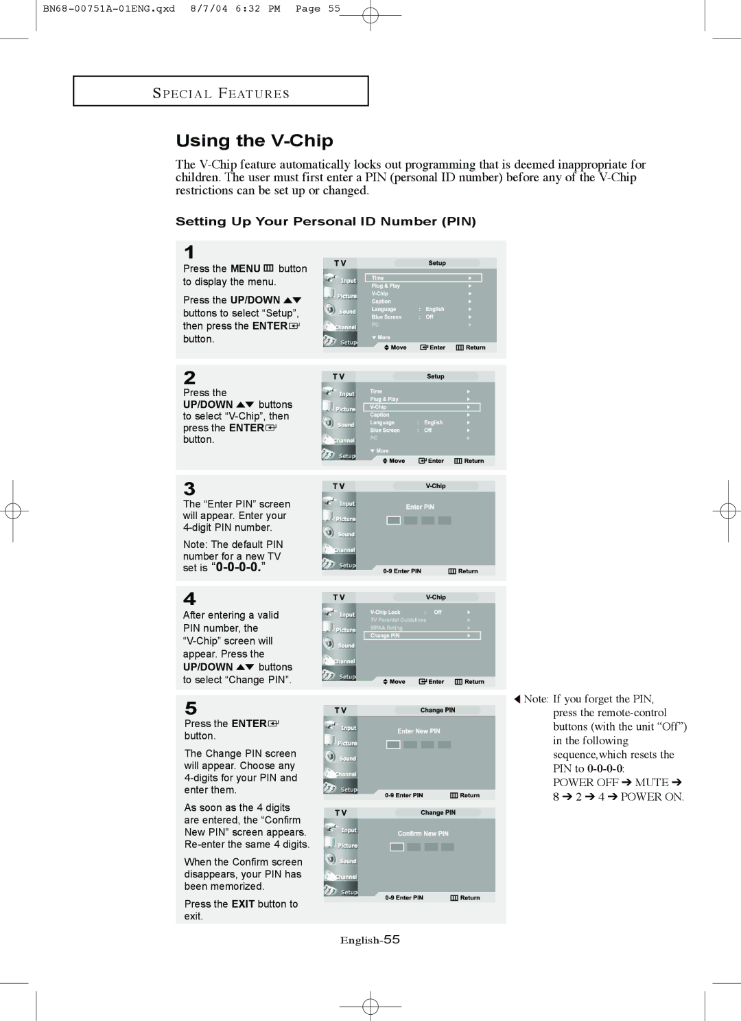Samsung LN-P267W, LN-P327W manual Using the V-Chip, Setting Up Your Personal ID Number PIN 