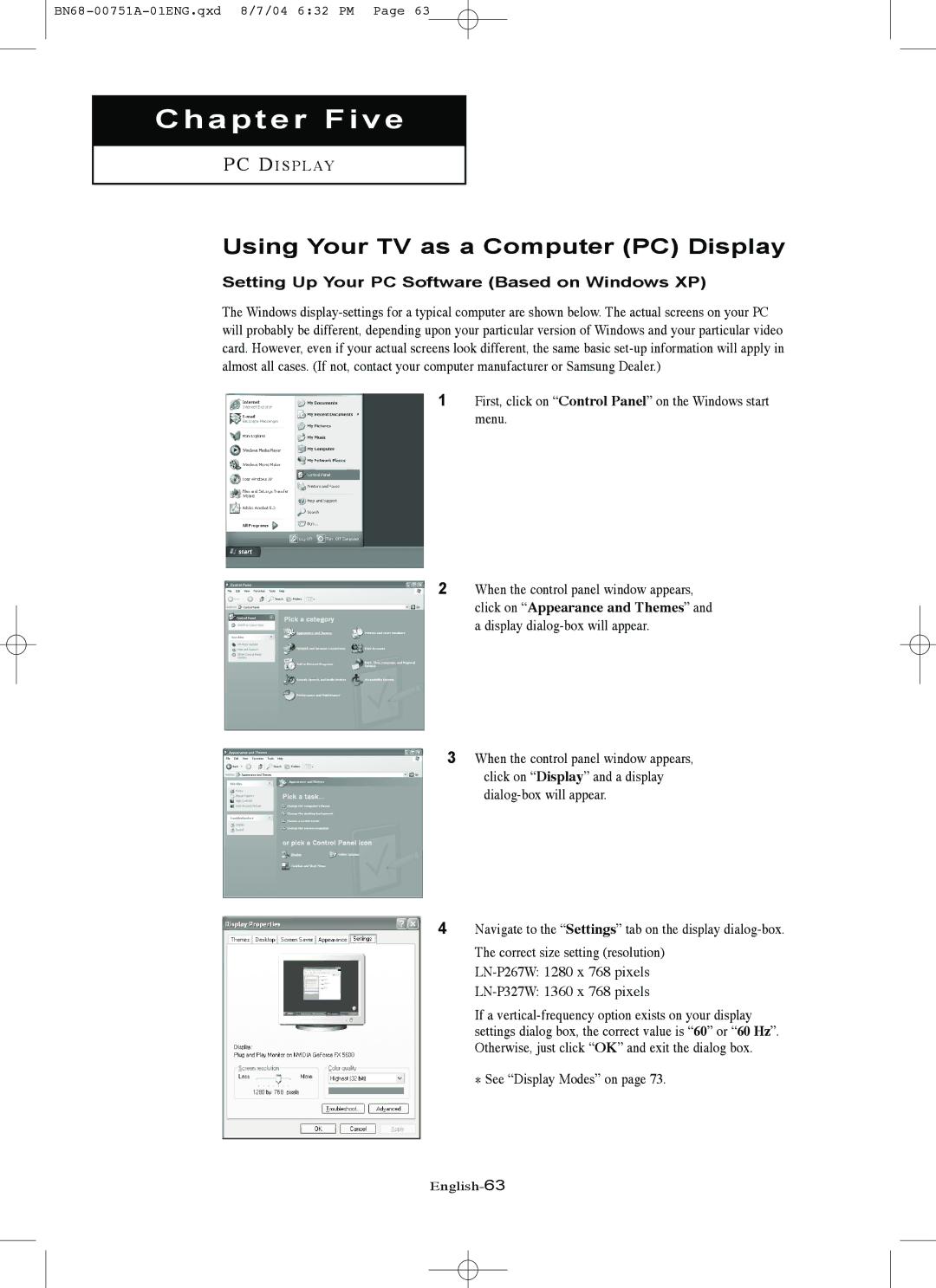 Samsung LN-P267W, LN-P327W manual Using Your TV as a Computer PC Display, Setting Up Your PC Software Based on Windows XP 