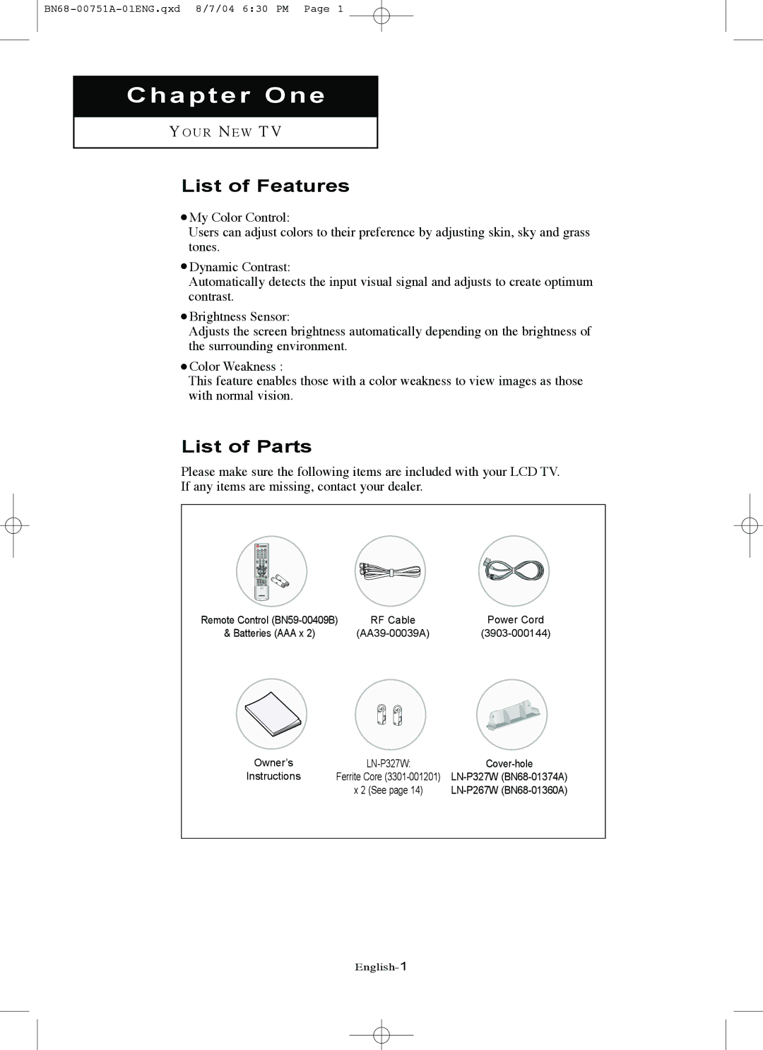 Samsung LN-P267W, LN-P327W manual List of Features, List of Parts 