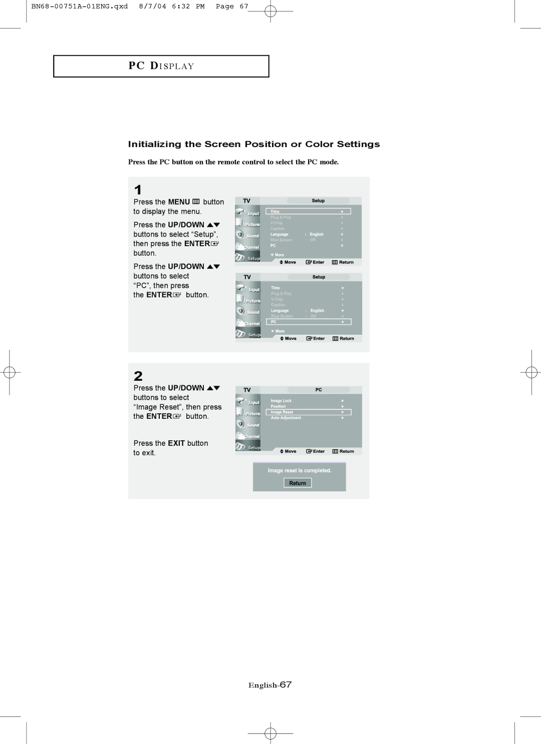 Samsung LN-P267W, LN-P327W manual Initializing the Screen Position or Color Settings 