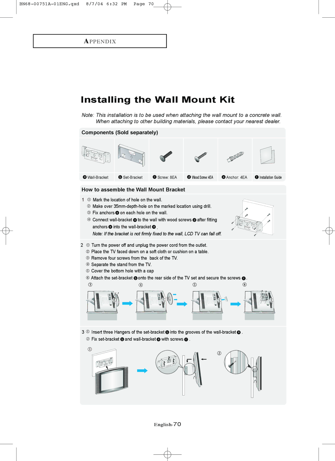 Samsung LN-P327W, LN-P267W manual Components Sold separately, How to assemble the Wall Mount Bracket 