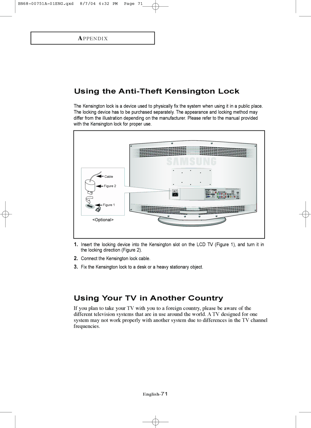 Samsung LN-P267W, LN-P327W manual Using the Anti-Theft Kensington Lock, Using Your TV in Another Country 