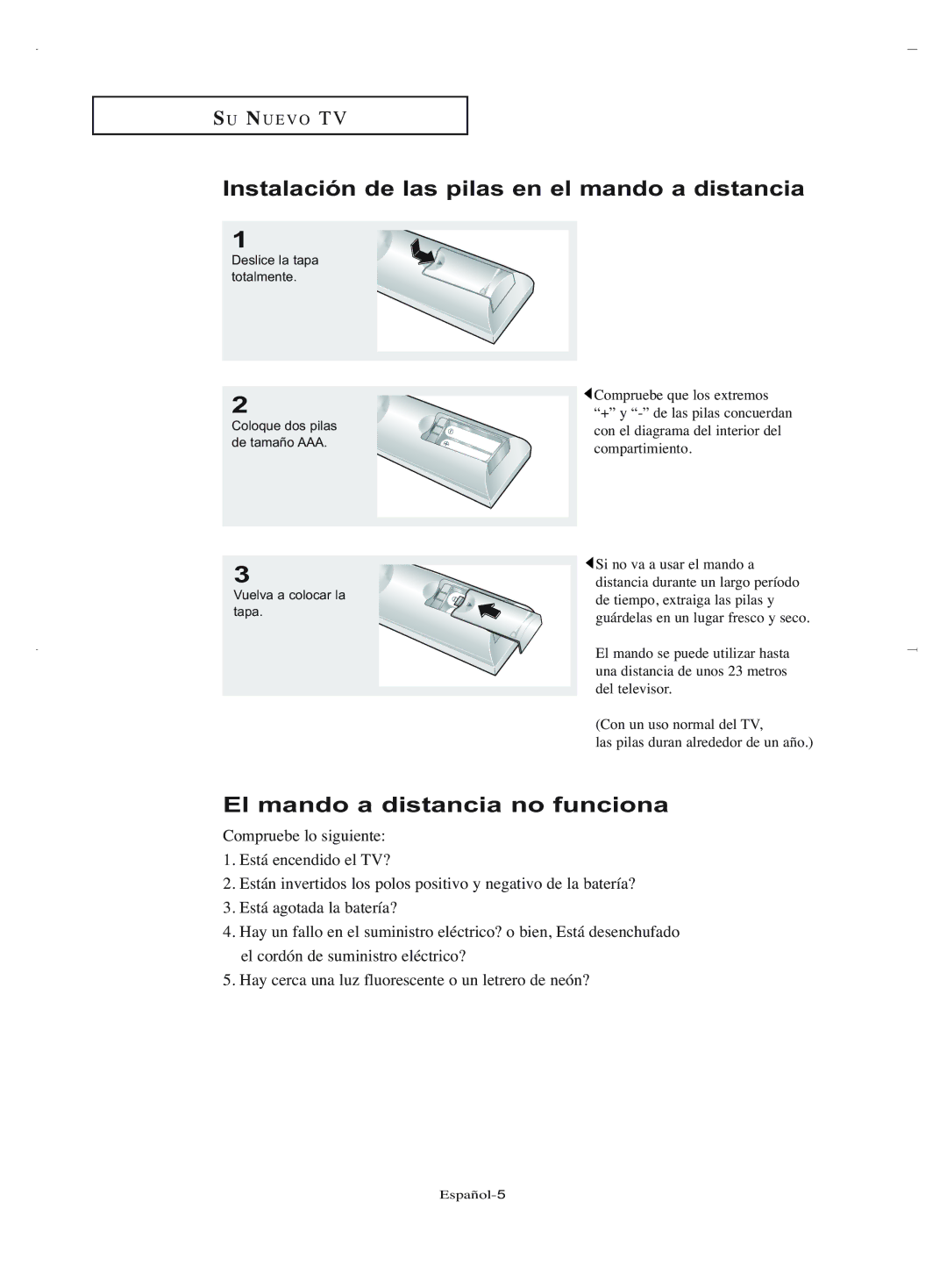 Samsung LN-R1550, LN-R2050 manual El mando a distancia no funciona, Instalación de las pilas en el mando a distancia 