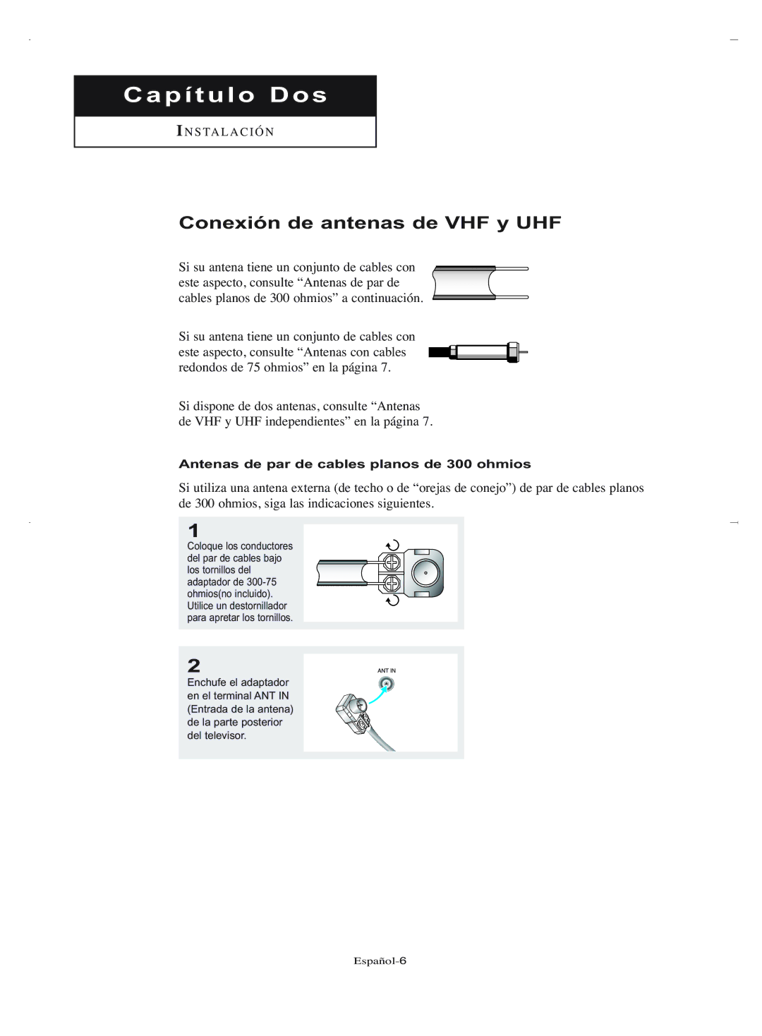 Samsung LN-R2050, LN-R1550 manual Conexión de antenas de VHF y UHF, Antenas de par de cables planos de 300 ohmios 