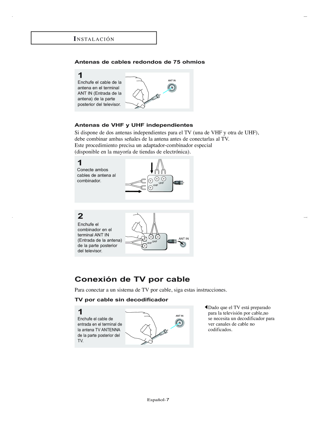 Samsung LN-R1550 Conexión de TV por cable, Antenas de cables redondos de 75 ohmios, Antenas de VHF y UHF independientes 