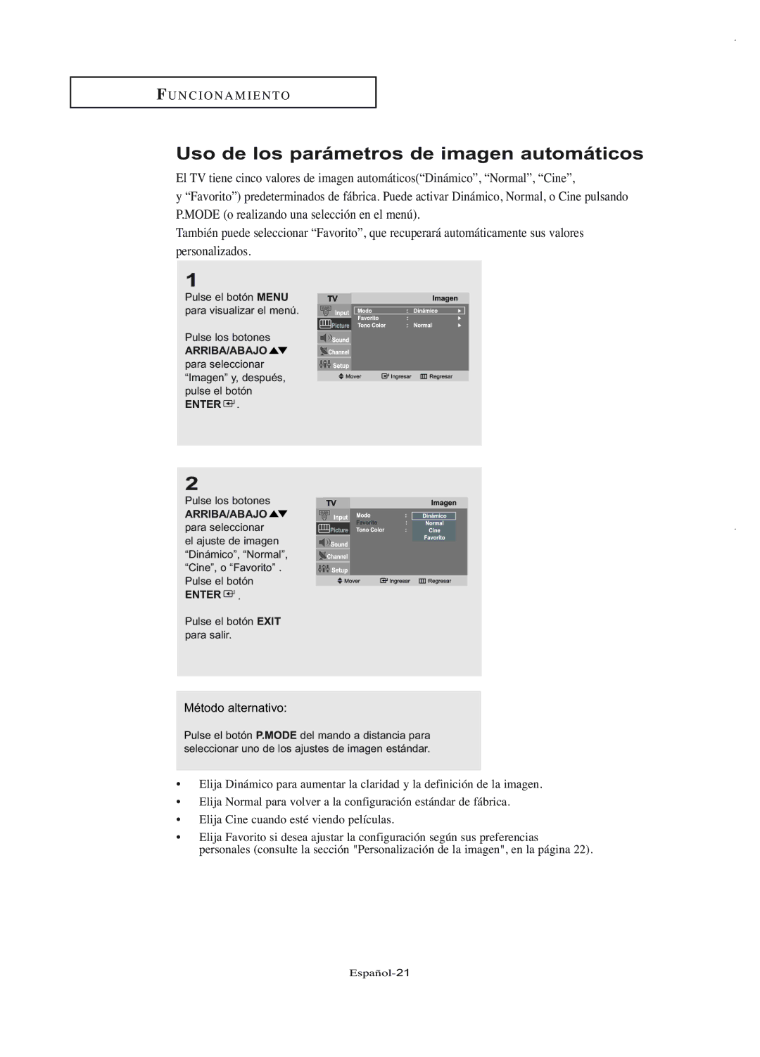 Samsung LN-R1550, LN-R2050 manual Uso de los parámetros de imagen automáticos, Método alternativo 