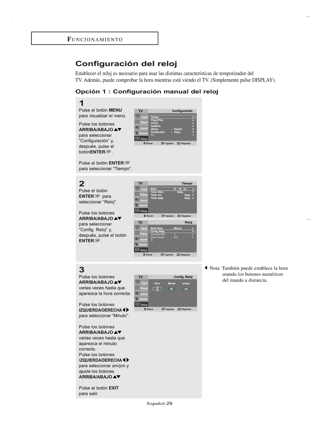 Samsung LN-R1550, LN-R2050 Configuración del reloj, Opción 1 Configuración manual del reloj 