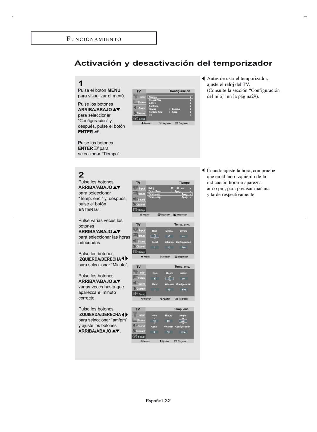 Samsung LN-R2050, LN-R1550 manual Activación y desactivación del temporizador, Español-32 