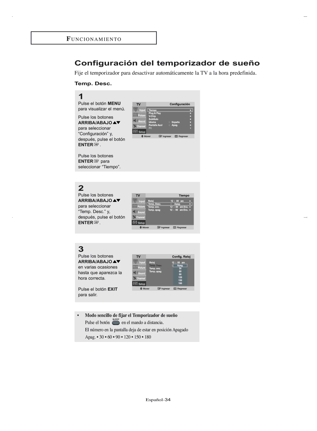 Samsung LN-R2050, LN-R1550 manual Configuración del temporizador de sueño, Temp. Desc 