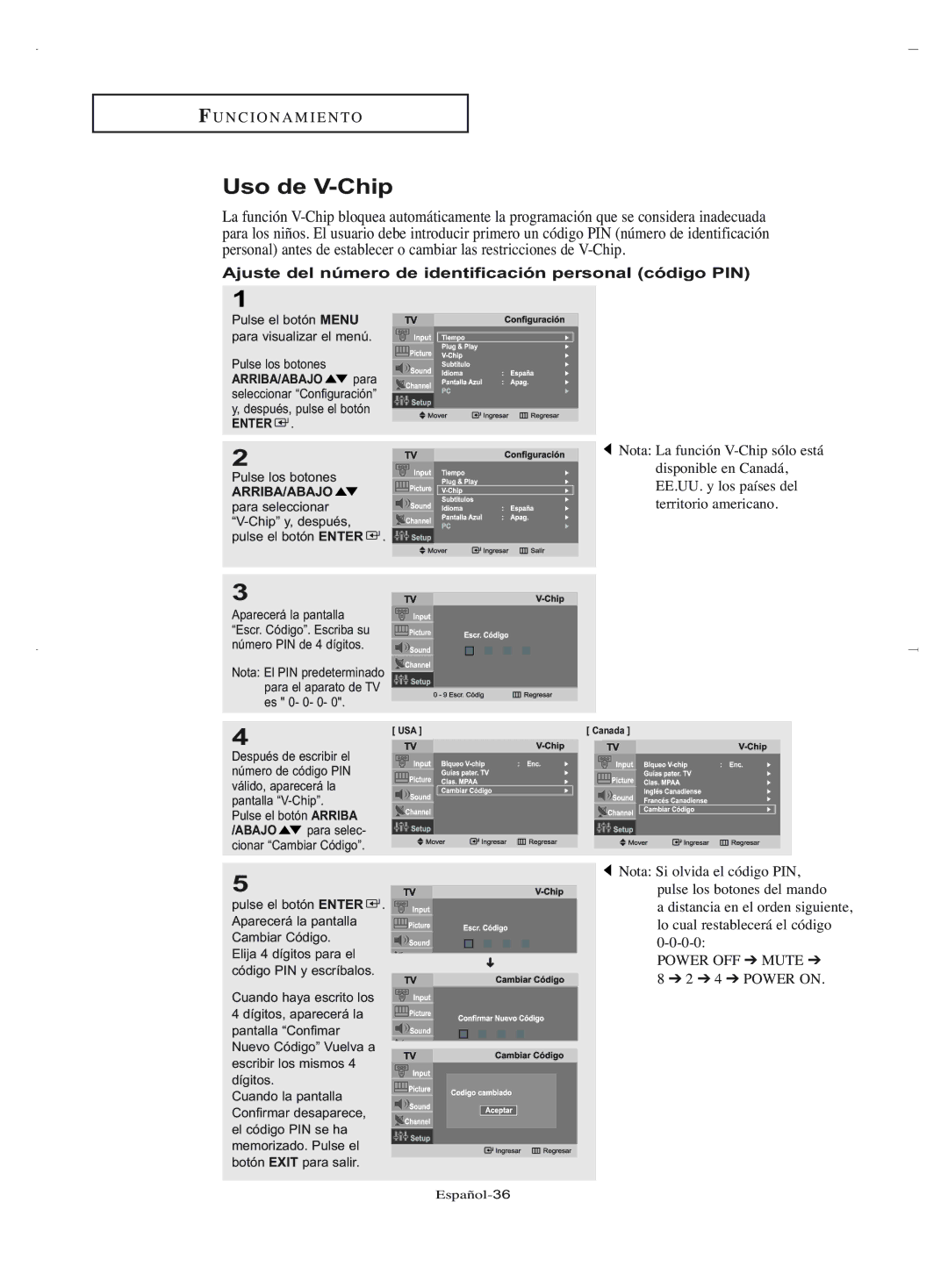 Samsung LN-R2050, LN-R1550 manual Uso de V-Chip, Ajuste del número de identificación personal código PIN 