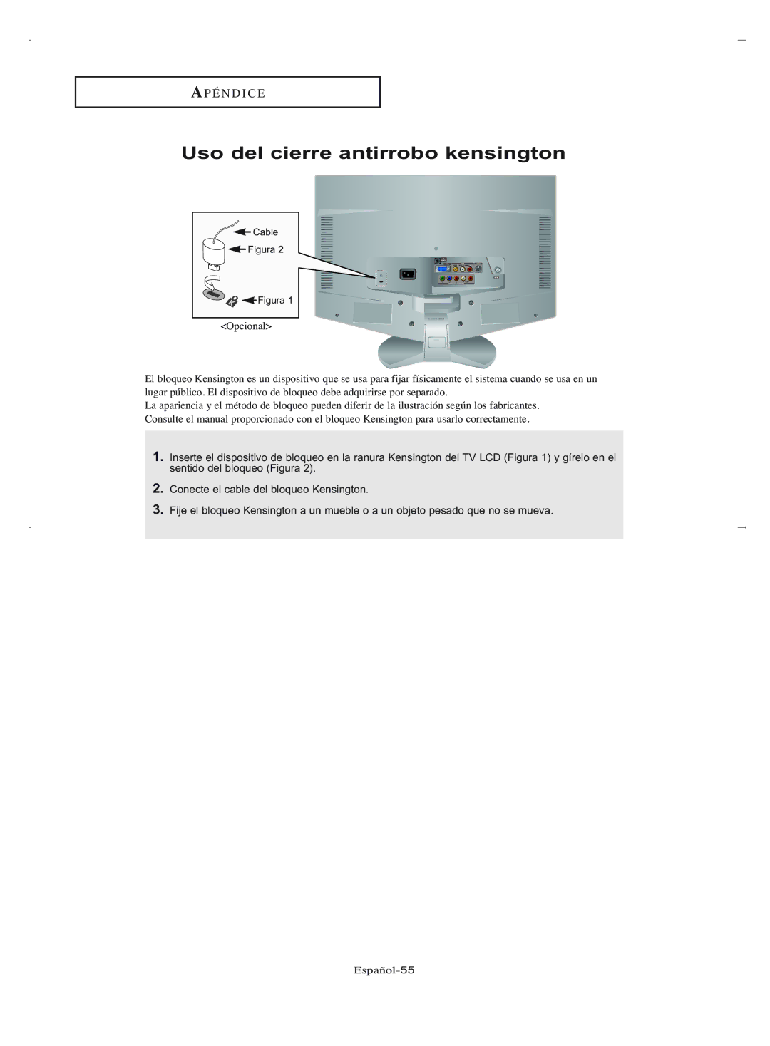 Samsung LN-R1550, LN-R2050 manual Uso del cierre antirrobo kensington, Figura 