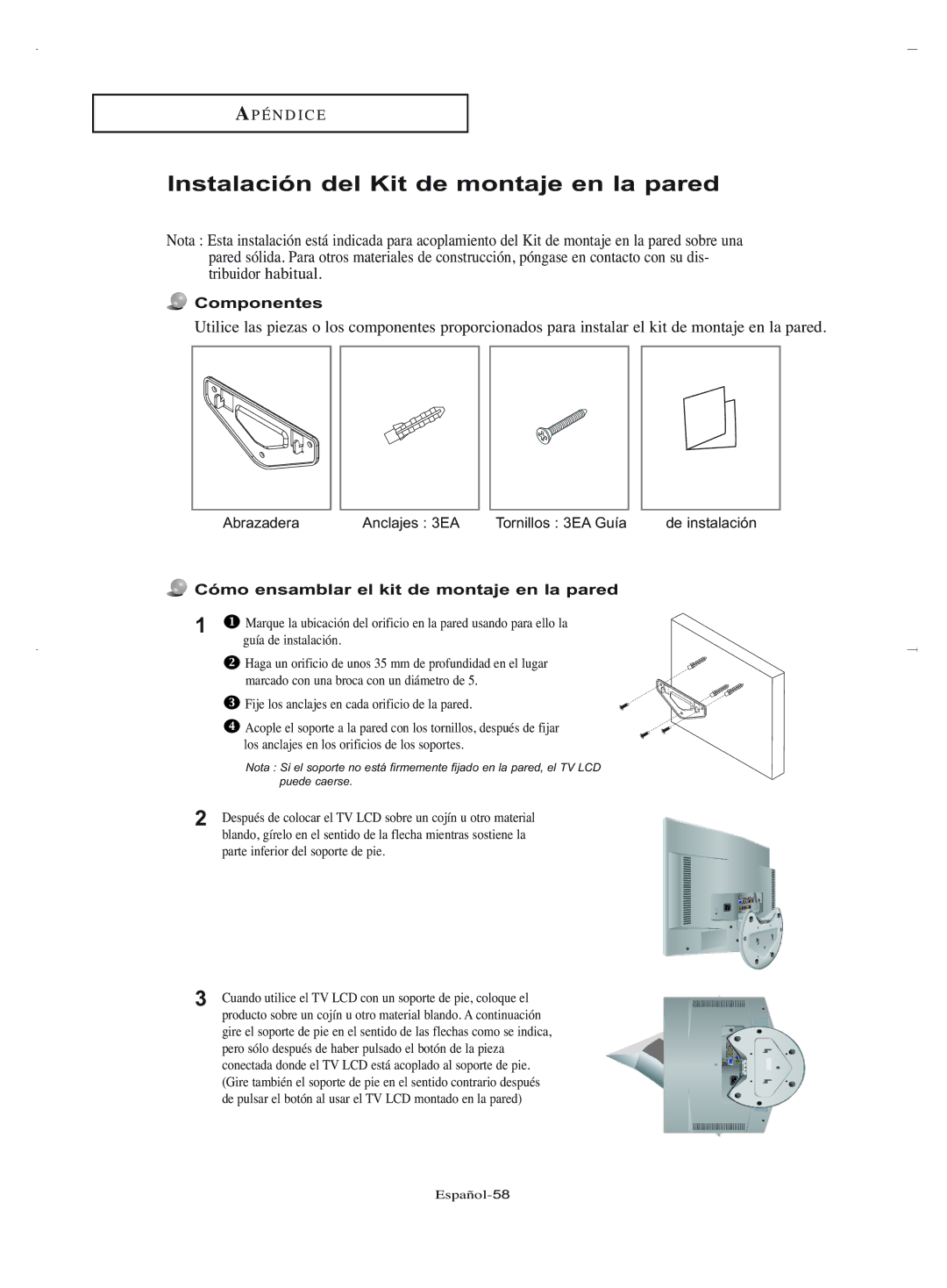 Samsung LN-R2050 Instalación del Kit de montaje en la pared, Componentes, Cómo ensamblar el kit de montaje en la pared 