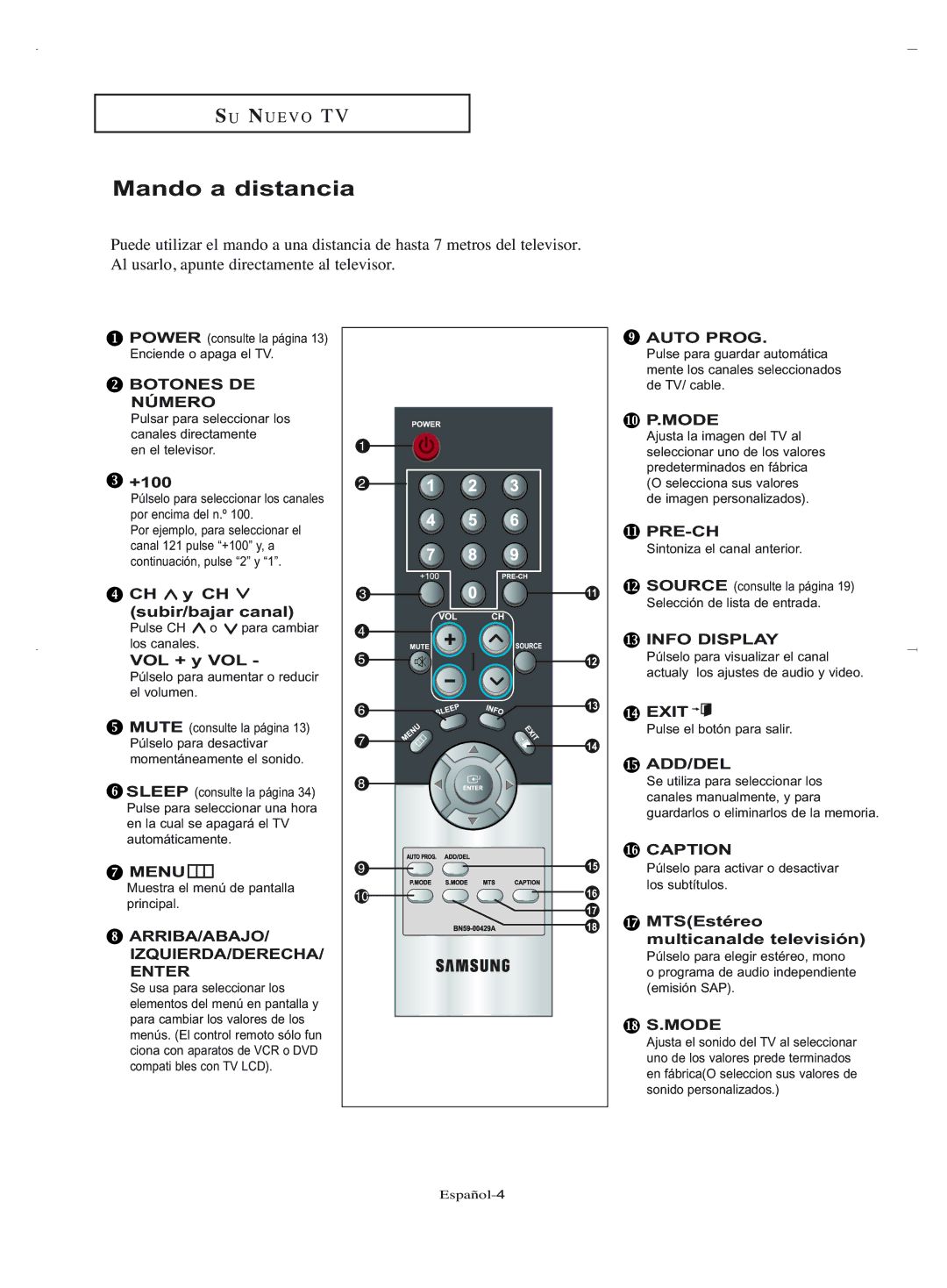 Samsung LN-R2050, LN-R1550 manual Mando a distancia 