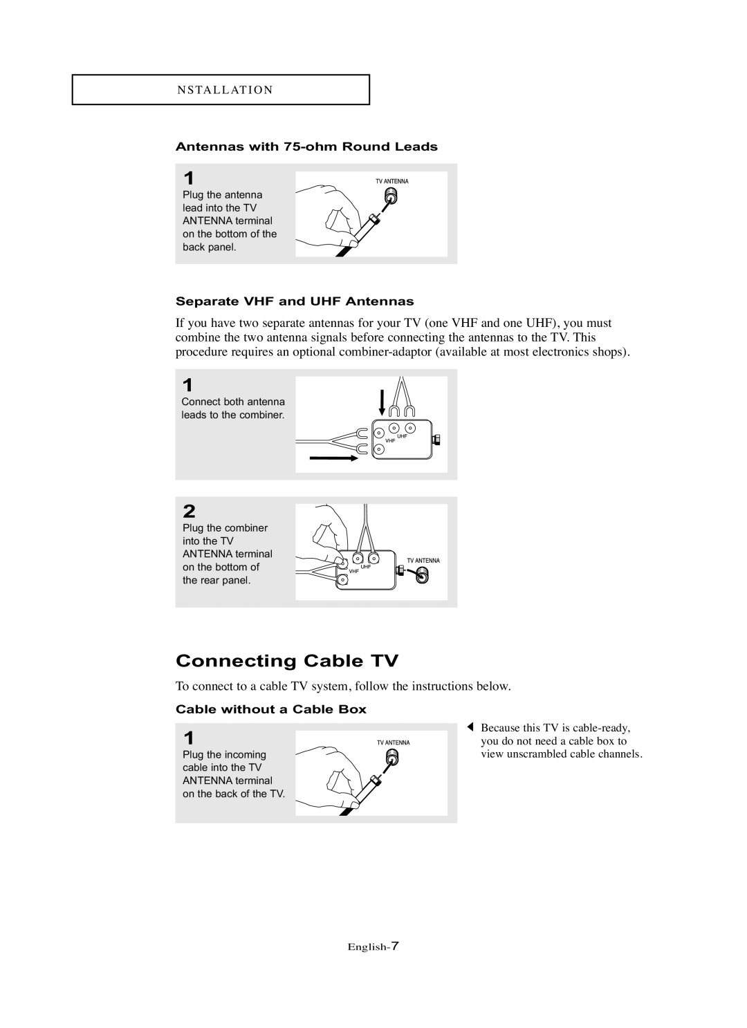 Samsung LN-R1742 manual Connecting Cable TV, Antennas with 75-ohm Round Leads, Separate VHF and UHF Antennas 