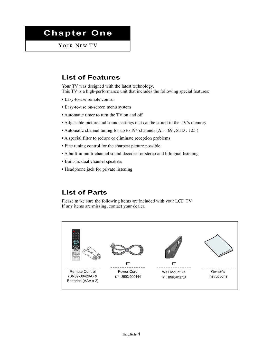 Samsung LN-R1742 manual List of Features, List of Parts 