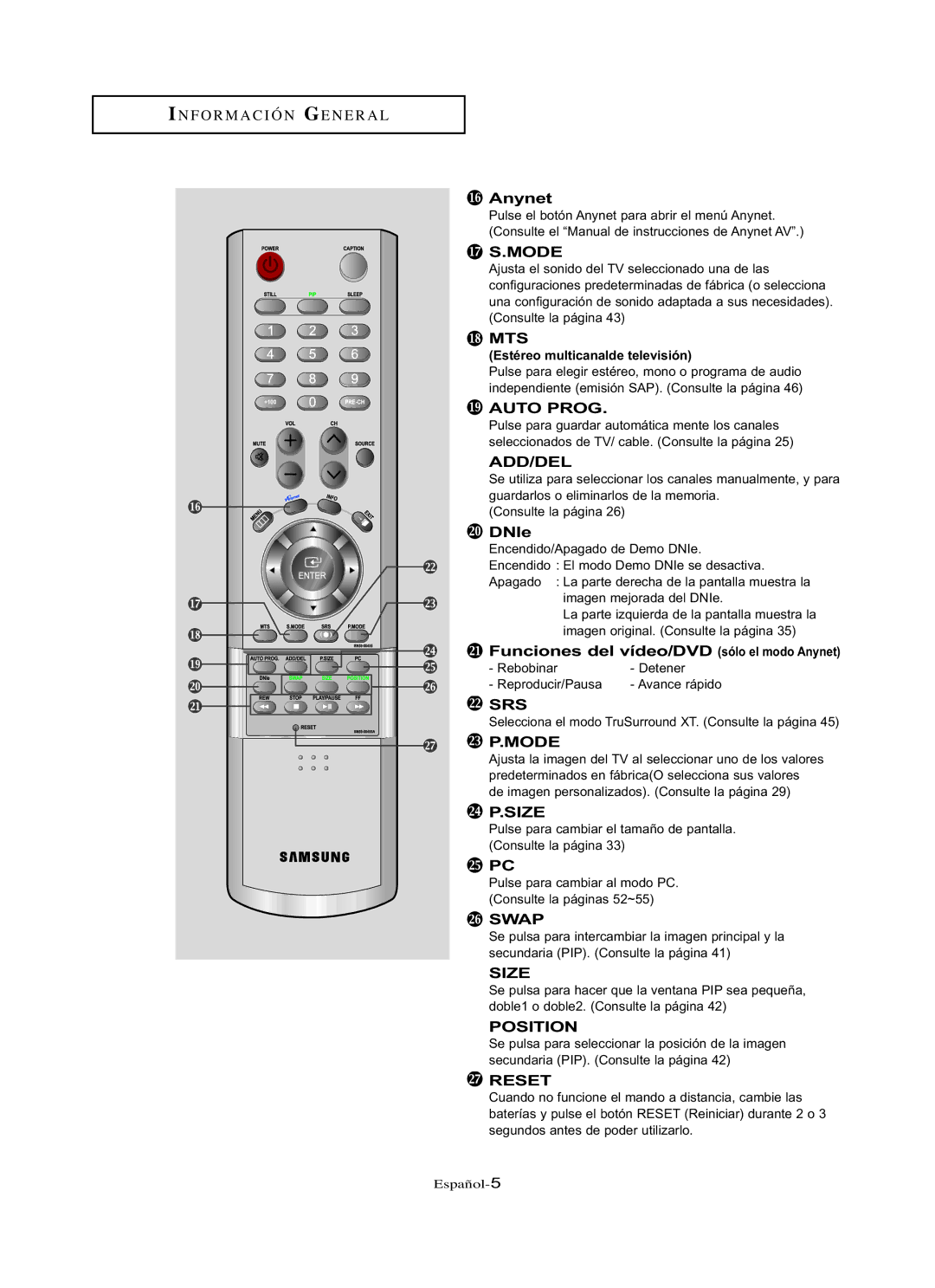 Samsung LN-R3228W, LN-R237W, LN-R267W, LN-R327W, LN-R2668W manual DNIe, Funciones del vídeo/DVD sólo el modo Anynet 